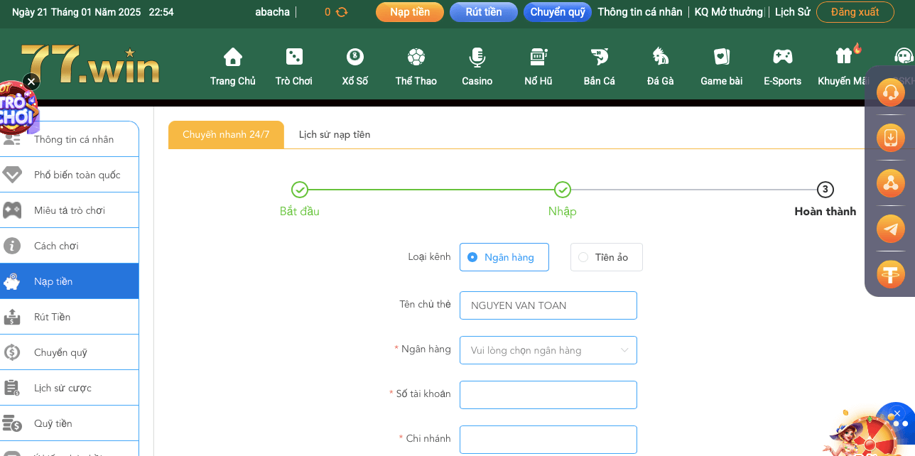 Giao diện nạp tiền nhà cái 77WIN